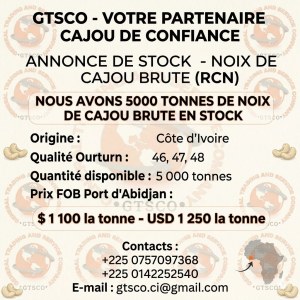 We have 5000 tons of raw cashew nuts in Ivory Coast, FOB price