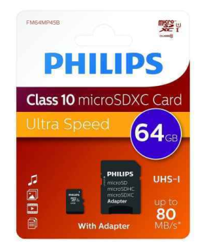 Philips MicroSDXC 64GB CL10 80mb/s UHS-I +Adaptateur au détail