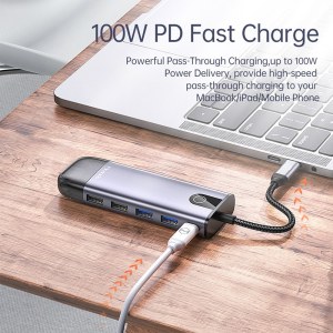 CH-7420 10 In 1 USB C Hub 100w With PD USB3.0 Hdmi SD TF Card Slot Gigabit Lan Vga Port