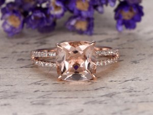 8x8 Cushion Morganite Engagement Ring Diamond Promise Ring 14k Rose Gold Stacking Band