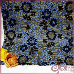 Blue flower tricot lace fabric,sparkle lace fabric for dress