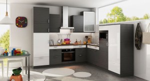 L Shaped White and Dark Grey Kitchen Cabinet OP18-HPL02