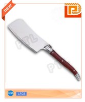 Stainless steel cheese knife with deluxe wooden handle and broad blade